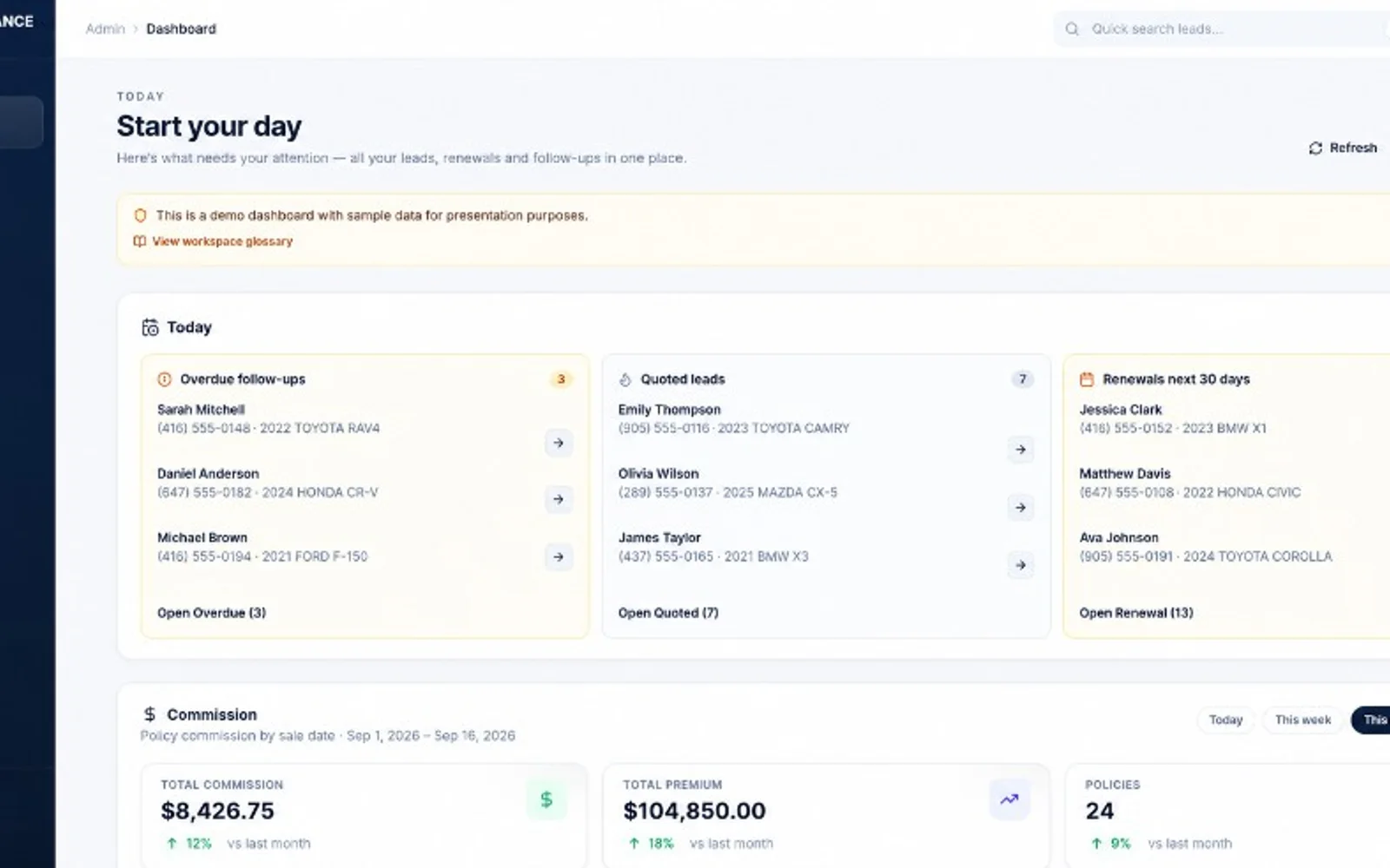 Ontario Car Insurance CRM screenshot